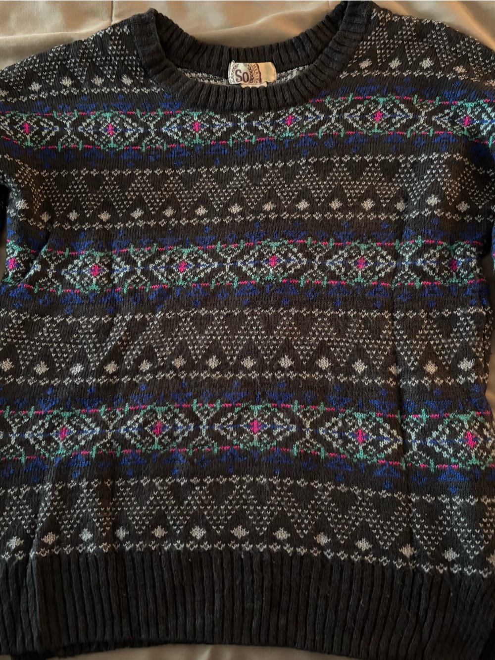 SO Black Knit Sweater with Multicolor Fair Isle Accents